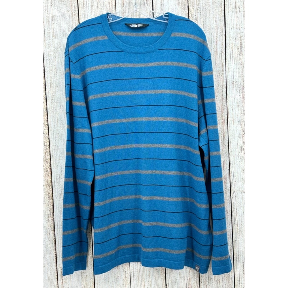 The North Face Sweater Mens 2XL Blue Striped Wool Blend Crew Neck Pullover‎